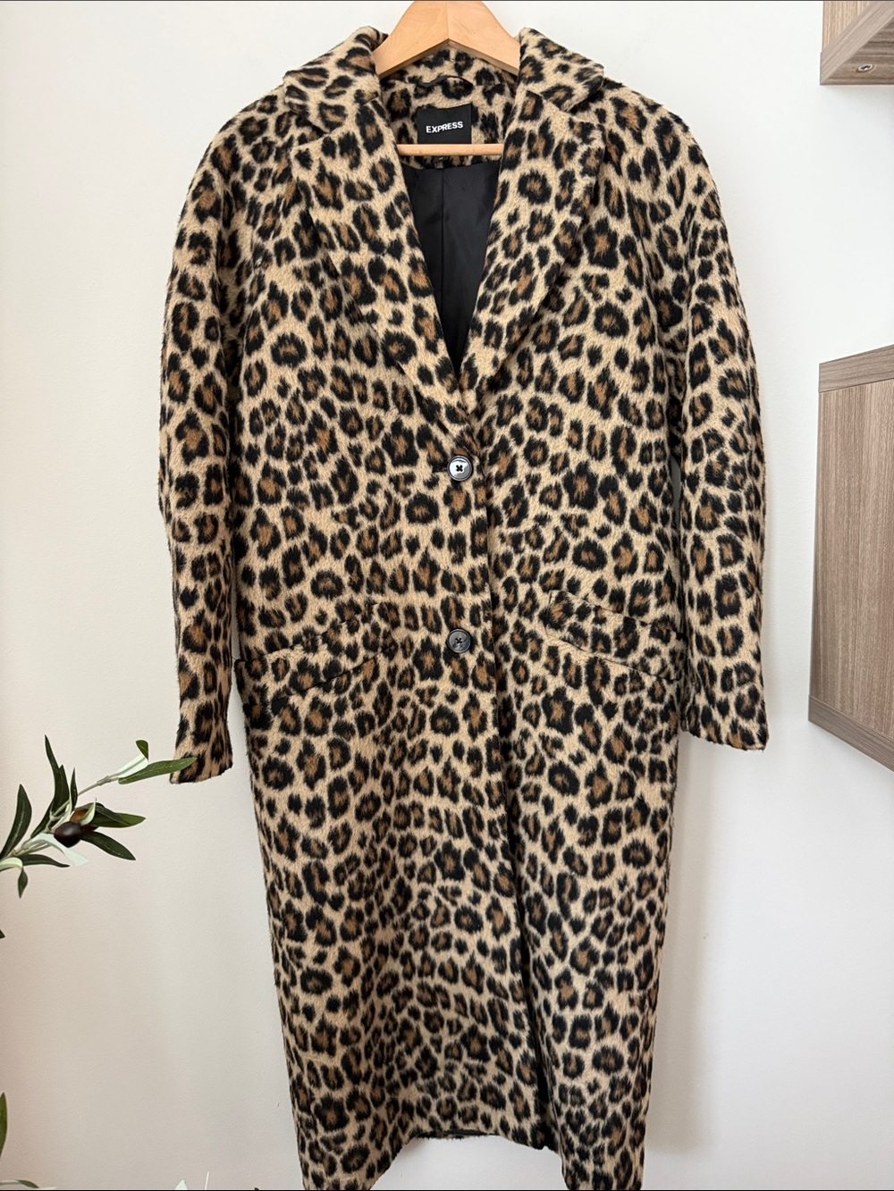 Express Leopard Print Long Pea Coat in Tan and Black
